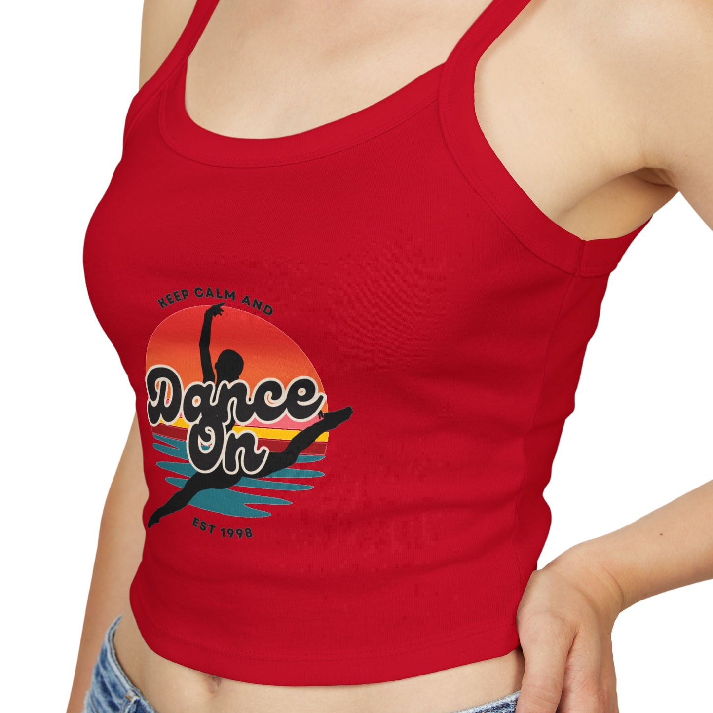 "Keep Calm and Dance On" Women’s Spaghetti Strap Tank Top – Retro Graphic Design | Fun & Stylish Dancewear for Studio, Festivals, and Everyday Outfits