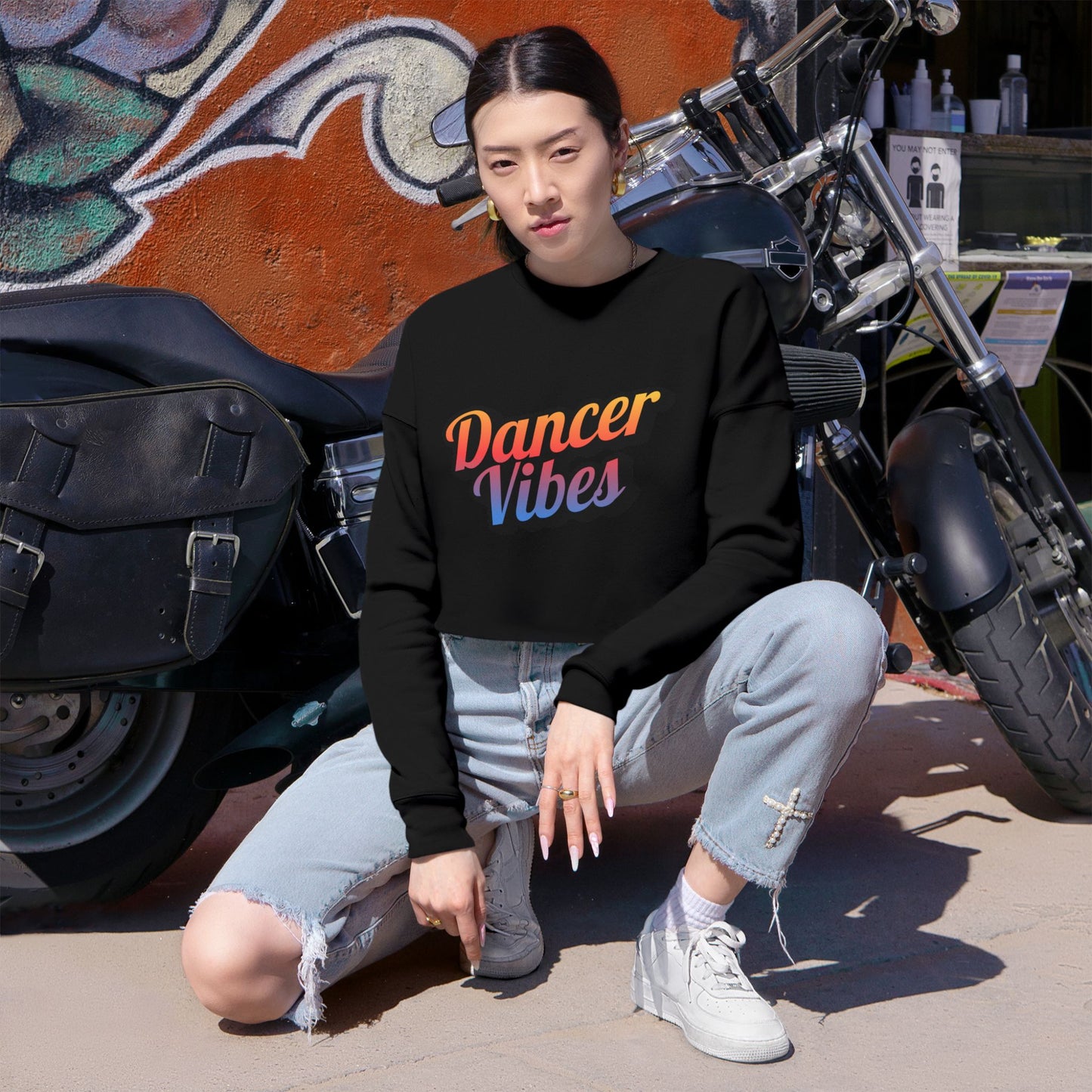 "Dancer Vibes" – Women’s Cropped Dance Sweatshirt | Colorful Text Graphic Pullover for Trendy Dancers