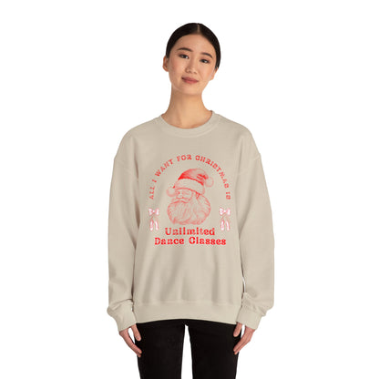 “All I Want for Christmas Is Unlimited Dance Classes” ADULT SWEATSHIRT Unisex Heavy Blend Crewneck with Vintage Santa – Festive Holiday Dance Sweatshirt for Dancers & Studios