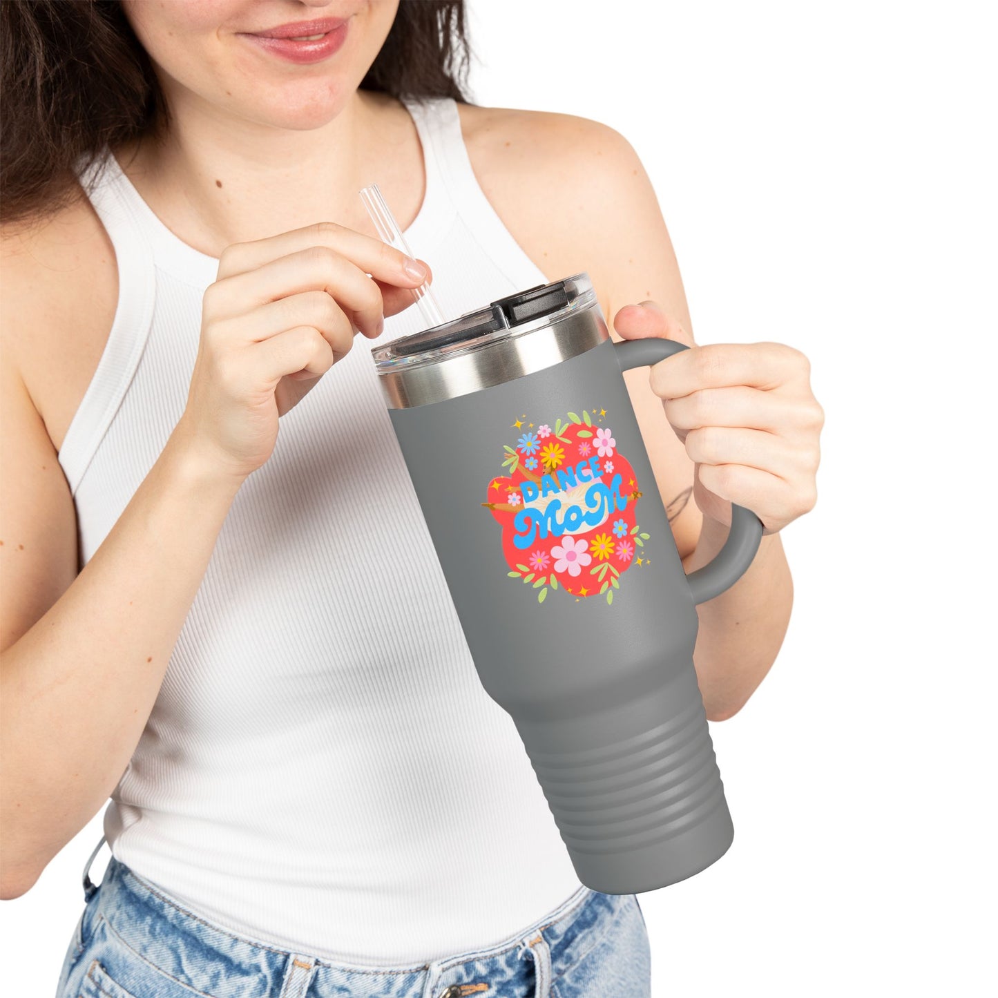 "Dance Mom" 40oz Insulated Travel Mug – Floral Graphic with Costume Designer, Makeup Artist, Chauffeur Text – Funny Dance Mom Gift Tumbler