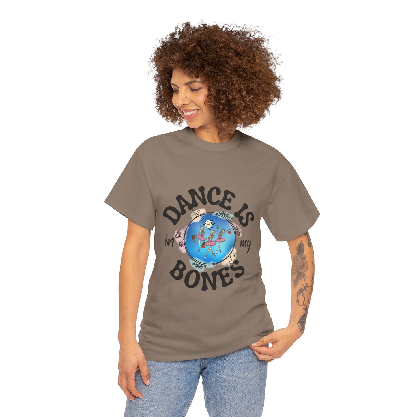 “Dance Is in My Bones” Halloween Dance T-Shirt with Dancing Skeletons Graphic - Unisex Heavy Cotton Tee