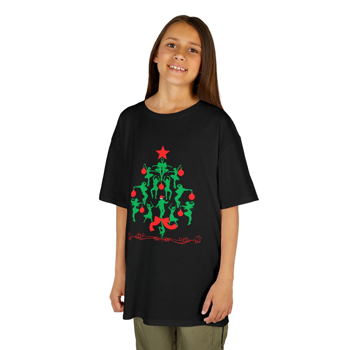 "Christmas Tree Dancer Silhouette" YOUTH TEE Short Sleeve – Festive Ballet & Dance Holiday Tee for Dancers, Teachers, and Studios