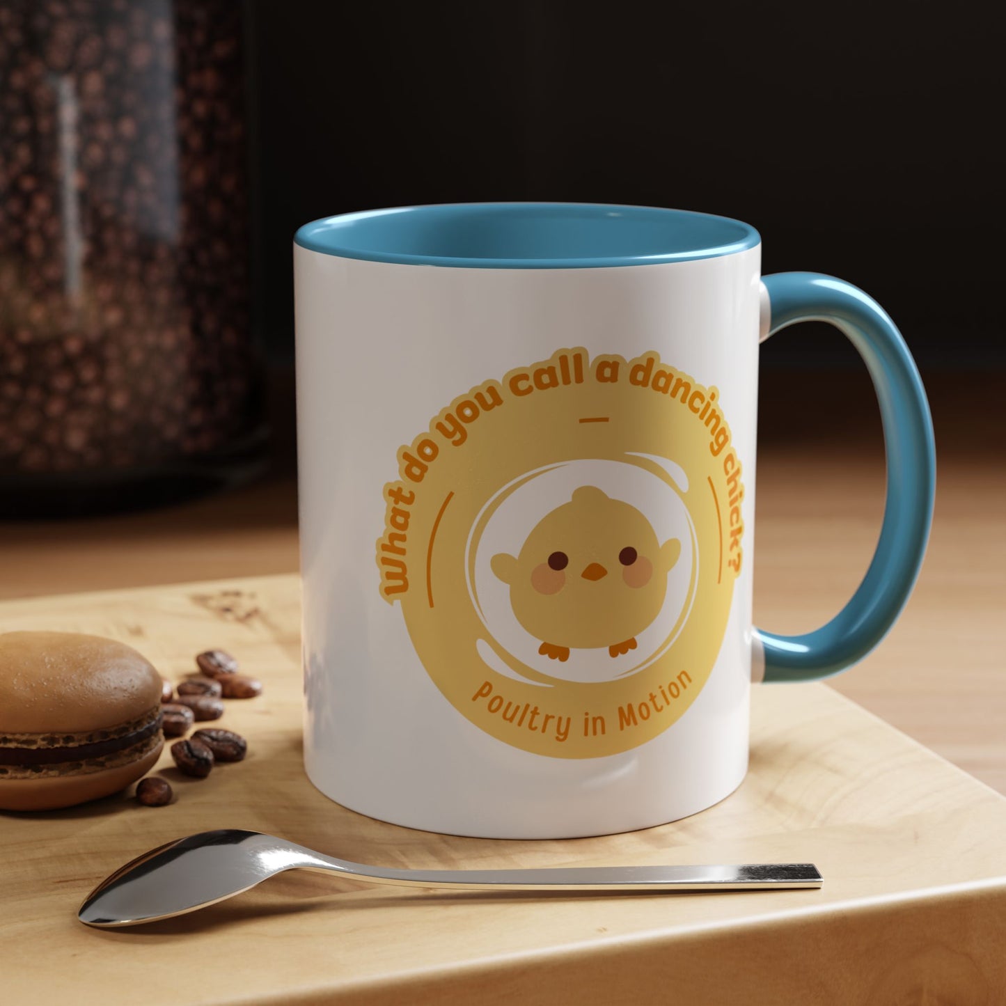 "What Do You Call a Dancing Chick? Poultry in Motion" Accent Coffee Mug – Funny Dance Pun Ceramic Mug for Dancers and Chick Enthusiasts