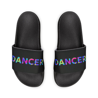 WOMEN'S SIZES - “Dancer” Colorful Text – Dance-Inspired Custom Slides with Removable Straps | Women’s Sandal Slides