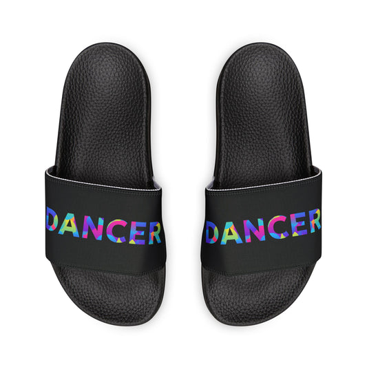 WOMEN'S SIZES - “Dancer” Colorful Text – Dance-Inspired Custom Slides with Removable Straps | Women’s Sandal Slides
