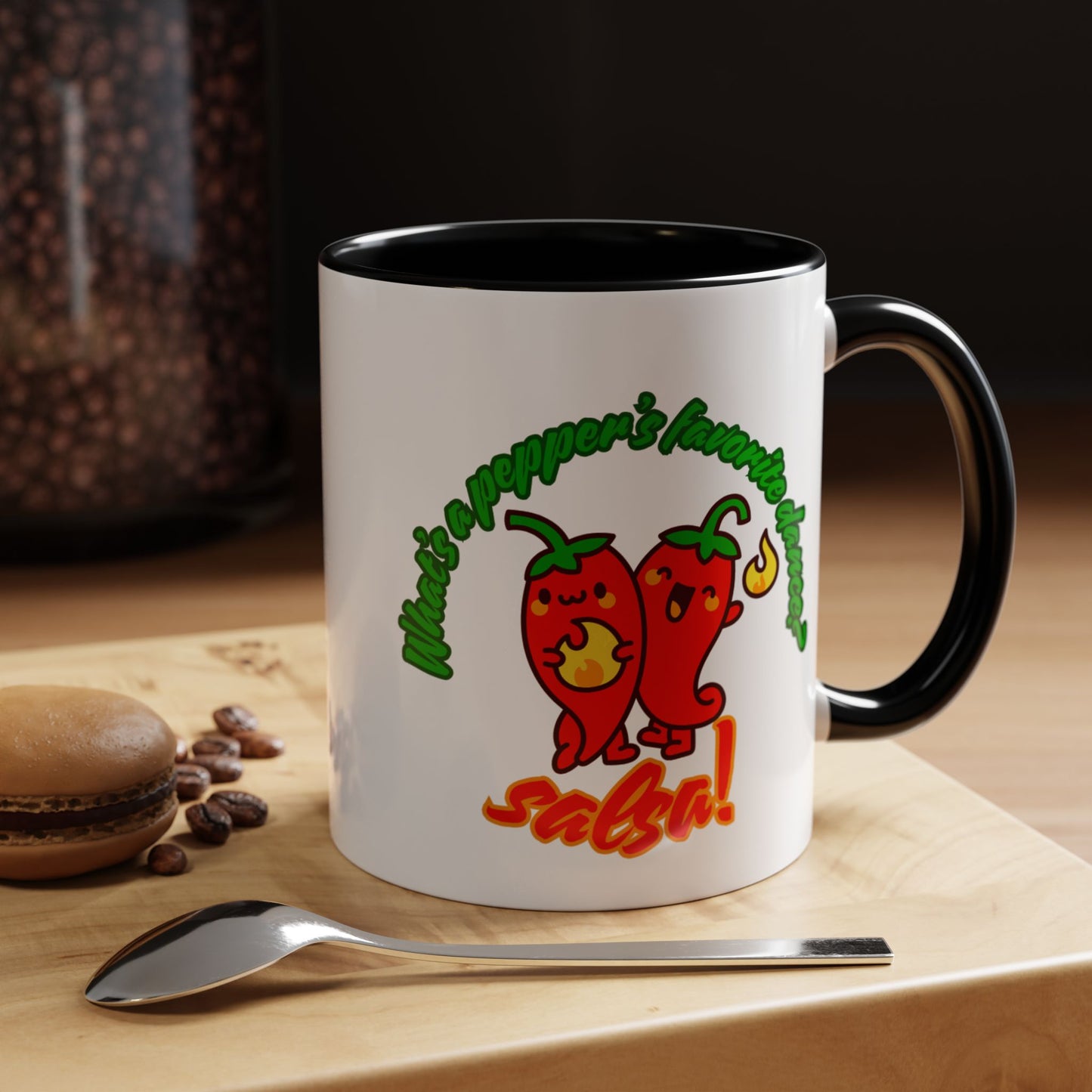 "What's a Pepper's Favorite Dance? Salsa." Accent Coffee Mug – Funny Dance Pun Ceramic Mug for Dancers and Food Lovers