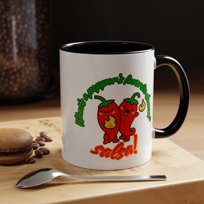 "What's a Pepper's Favorite Dance? Salsa." Accent Coffee Mug – Funny Dance Pun Ceramic Mug for Dancers and Food Lovers