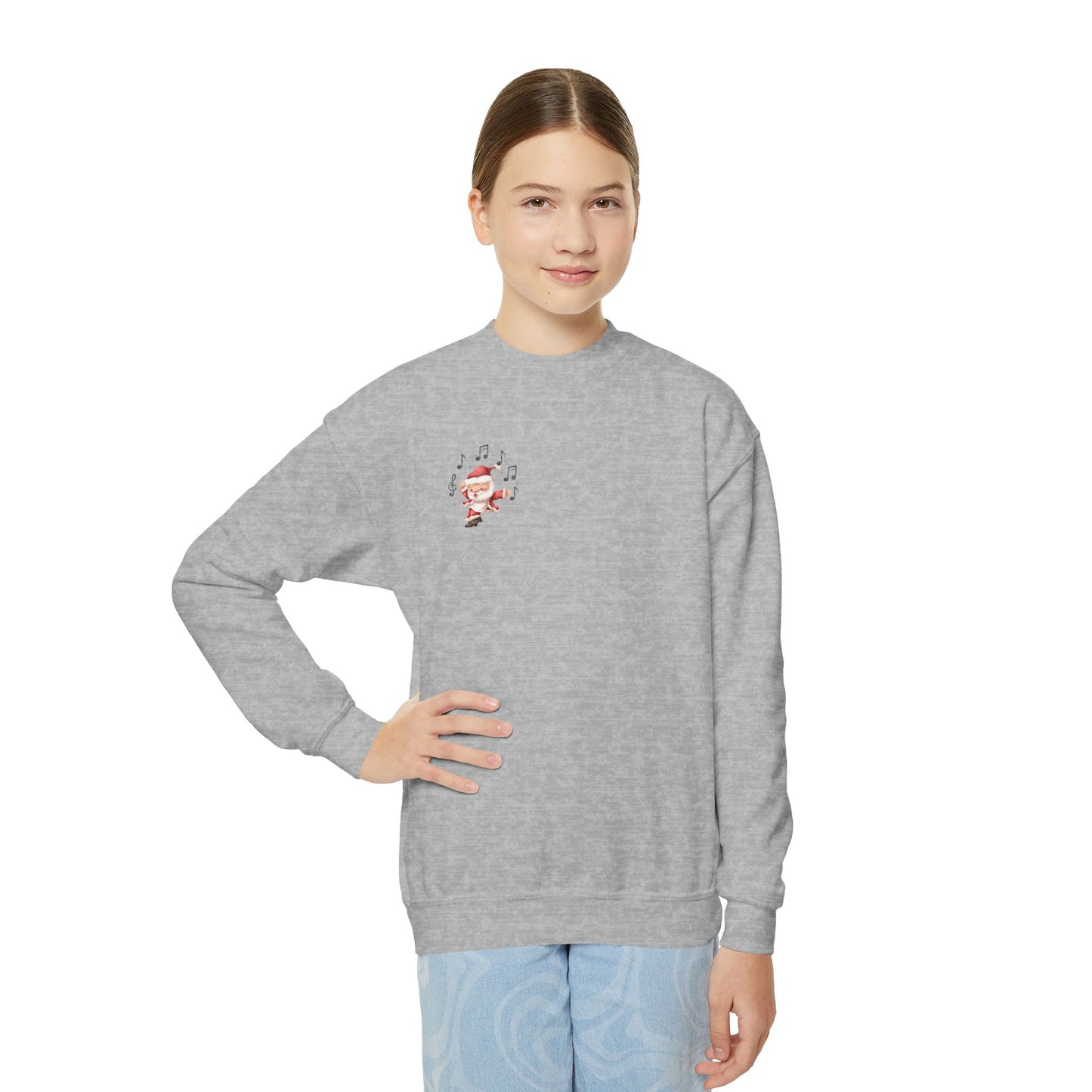 “5-eee and a 6-eee and a Ho, Ho, Ho” YOUTH SWEATSHIRT Crewneck with Playful Dancing Santa Front & Back – Festive Christmas Dance Sweatshirt for Dancers & Studios