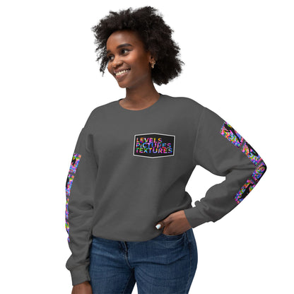 Levels Premium Collection Dance Crewneck Sweatshirt – Vibrant Unisex Streetwear Pullover with "Levels Pictures Textures" Front Text and Dancer Silhouettes on Sleeves