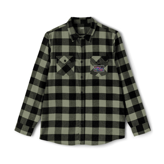 Levels Premium Collection Flannel Shirt – Unisex Streetwear Button-Up with "Levels Pictures Textures" Front Text and Bold Dancer Silhouette Back Graphic