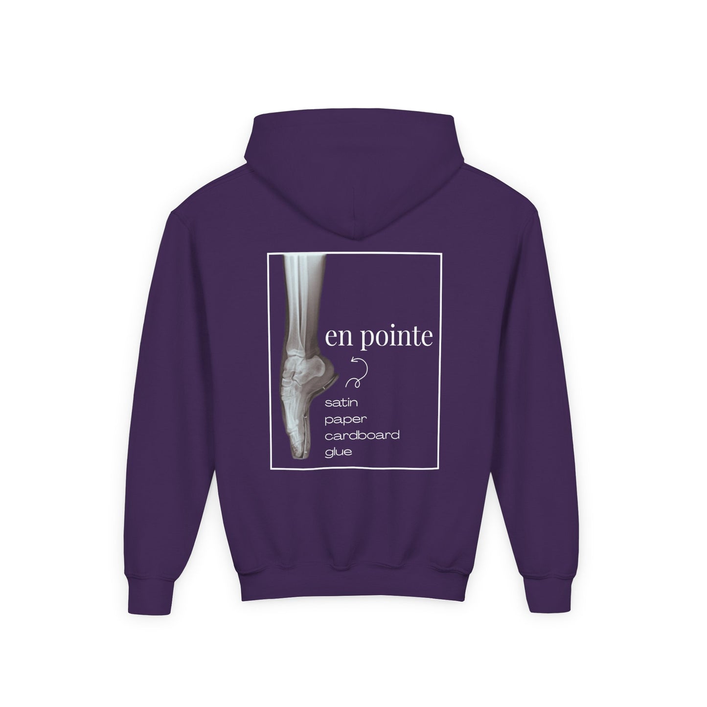 “I Dance En Pointe” Youth Pullover Hoodie with X-Ray Ballet Foot Graphic – Personalized Dance Hoodie for Kids, Custom Name or Studio Option