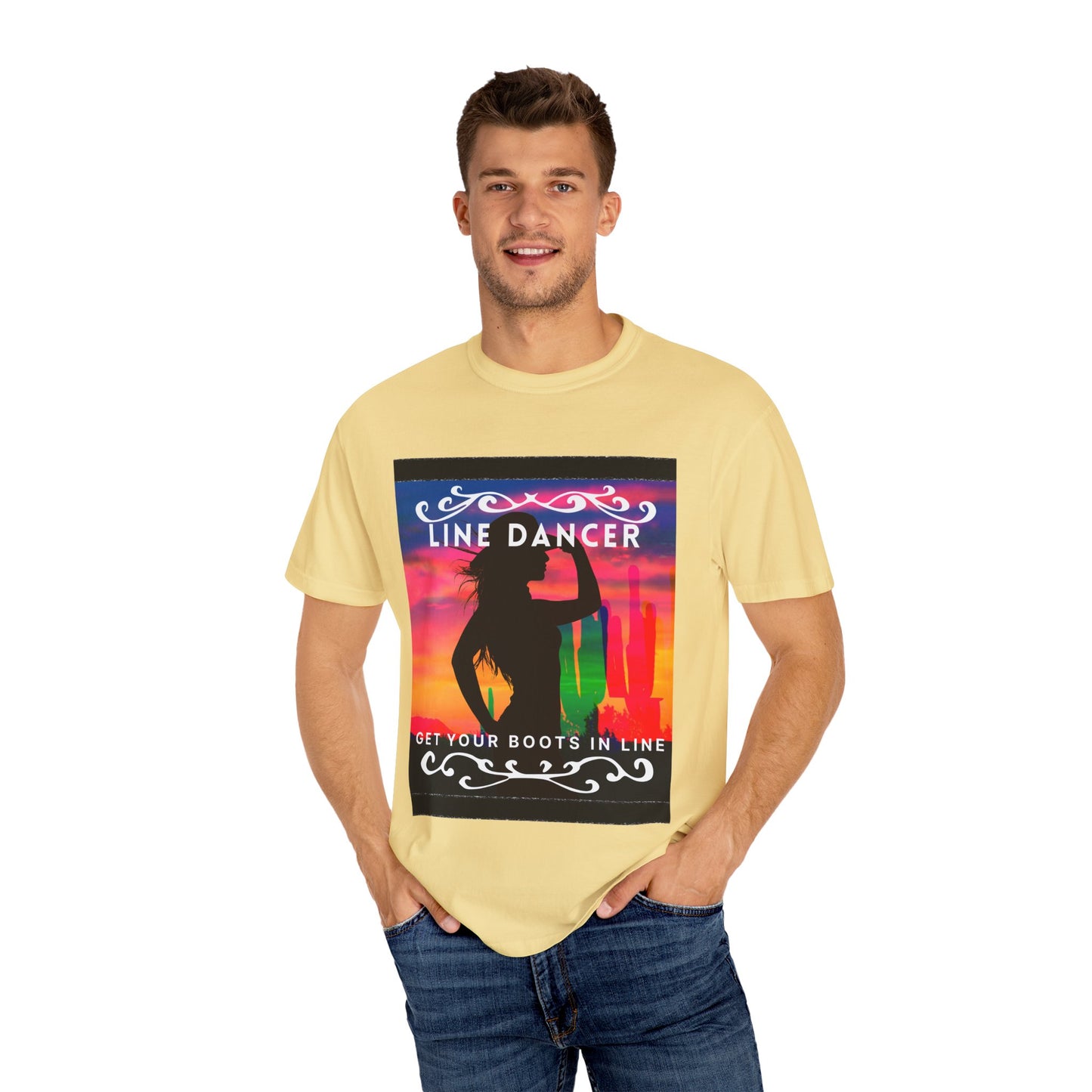 "Line Dancer" Unisex Garment-Dyed T-Shirt – Western Country Dance Graphic Tee – 'Get Your Boots in Line' Cowboy-Inspired Shirt