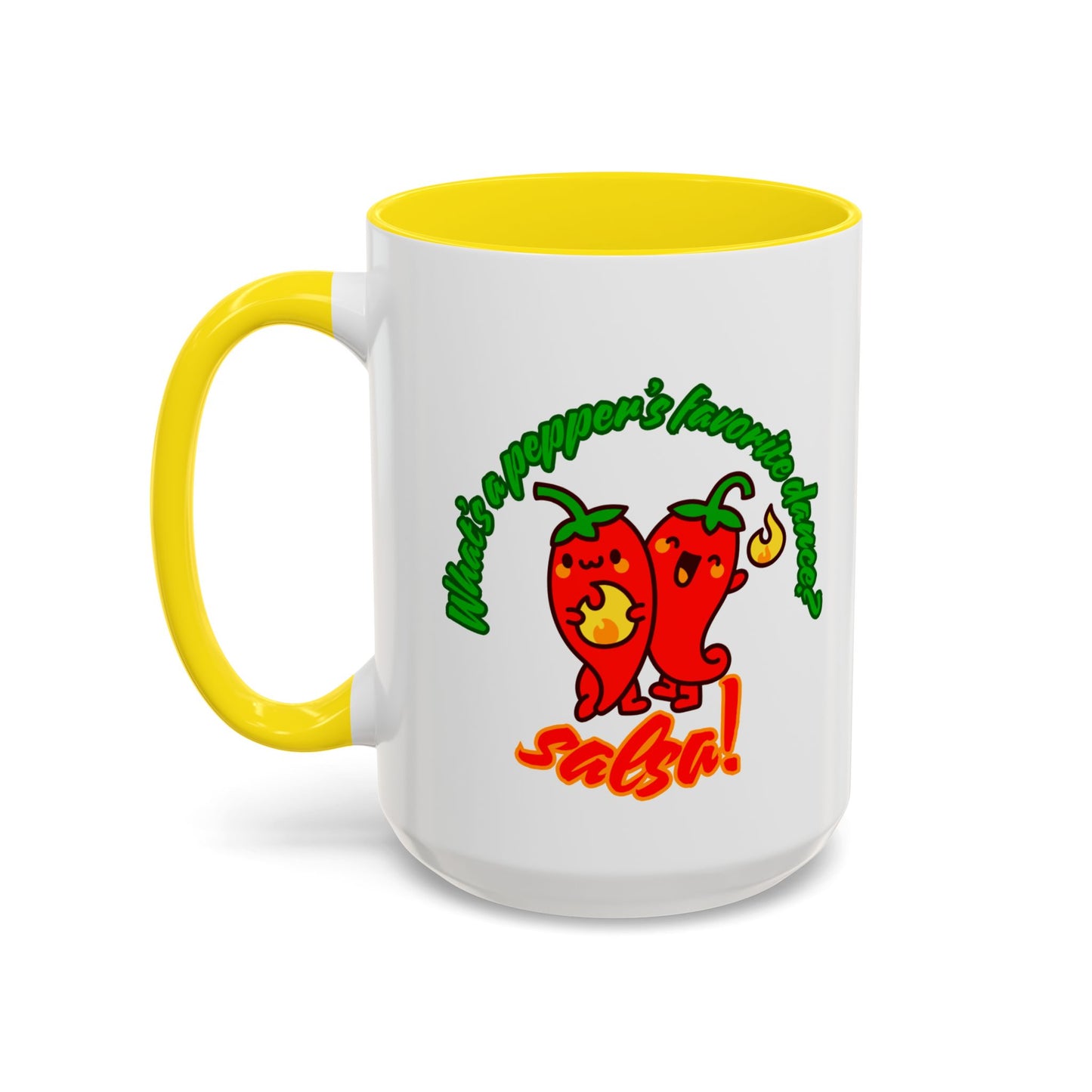 "What's a Pepper's Favorite Dance? Salsa." Accent Coffee Mug – Funny Dance Pun Ceramic Mug for Dancers and Food Lovers