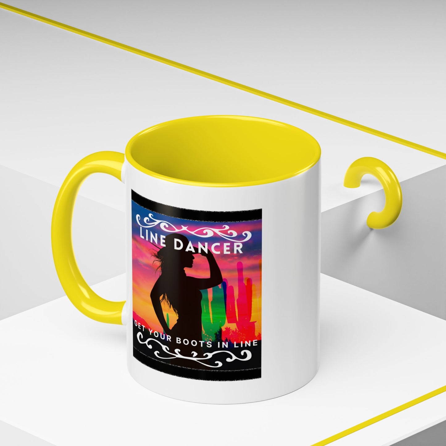 "Line Dancer" Accent Coffee Mug – Cute Cowgirl Graphic Ceramic Mug for Country Dance Lovers