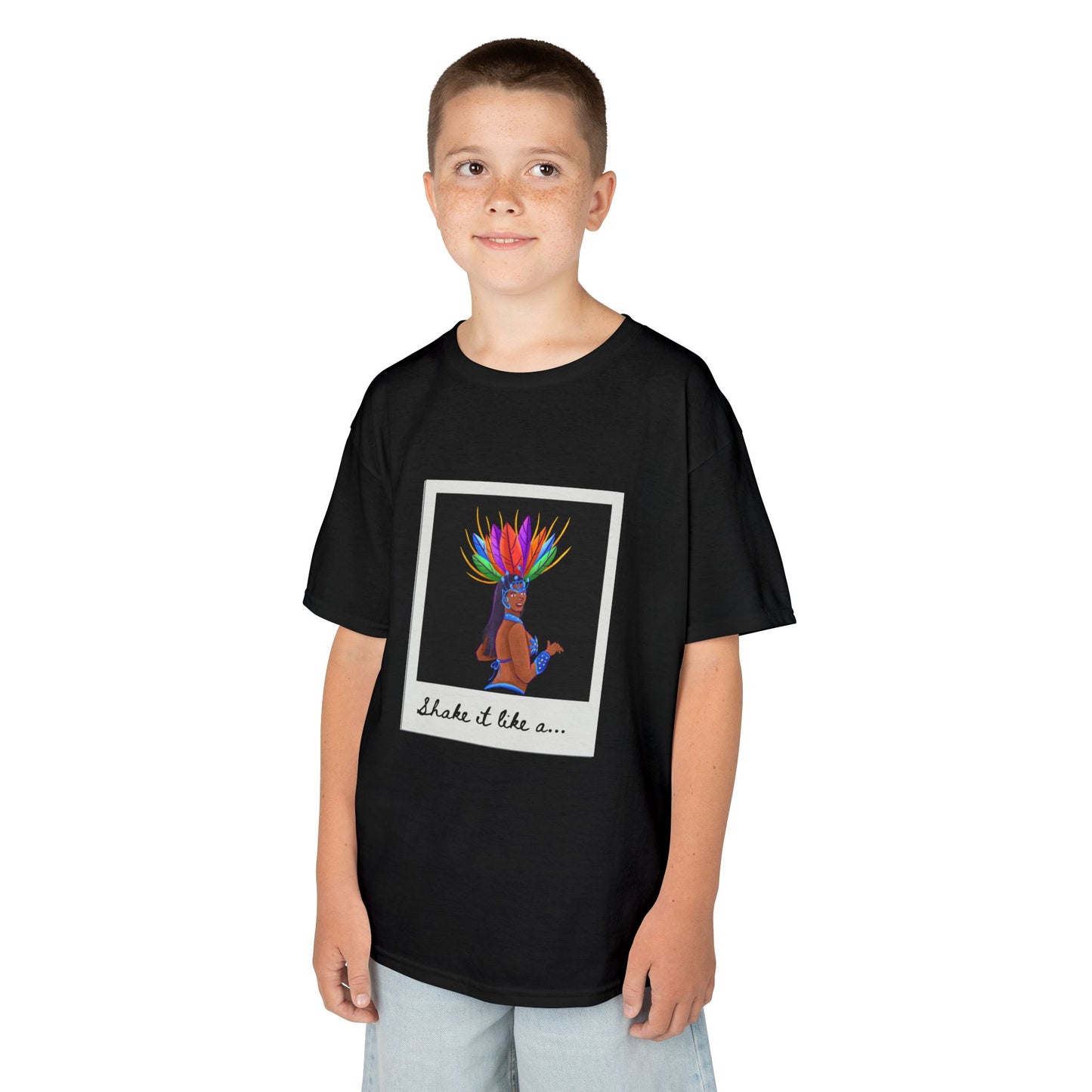 "Shake It Like a..." Youth Short Sleeve Tee – Carnival-Inspired Samba Dancer Graphic Dance Shirt for Kids