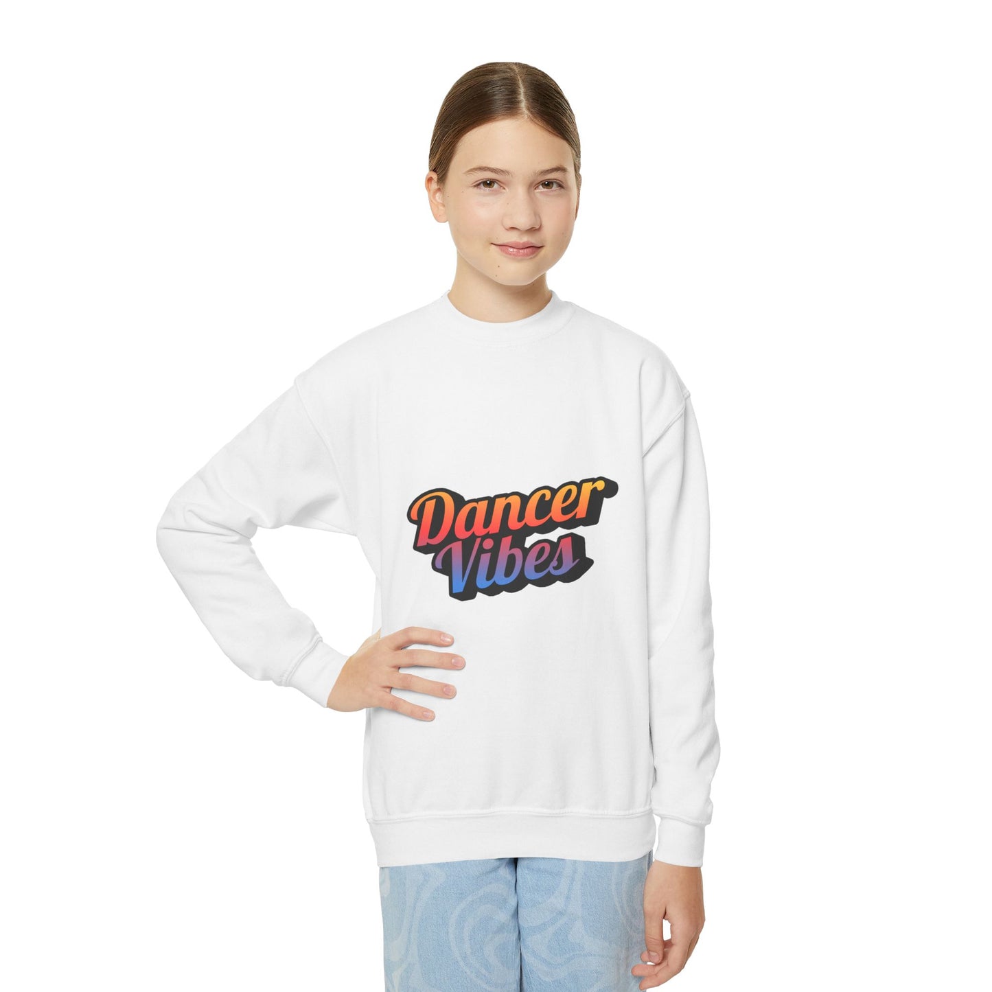 "Dancer Vibes" Youth Crewneck Sweatshirt – Colorful Text-Based Dance Graphic Pullover for Kids and Teens
