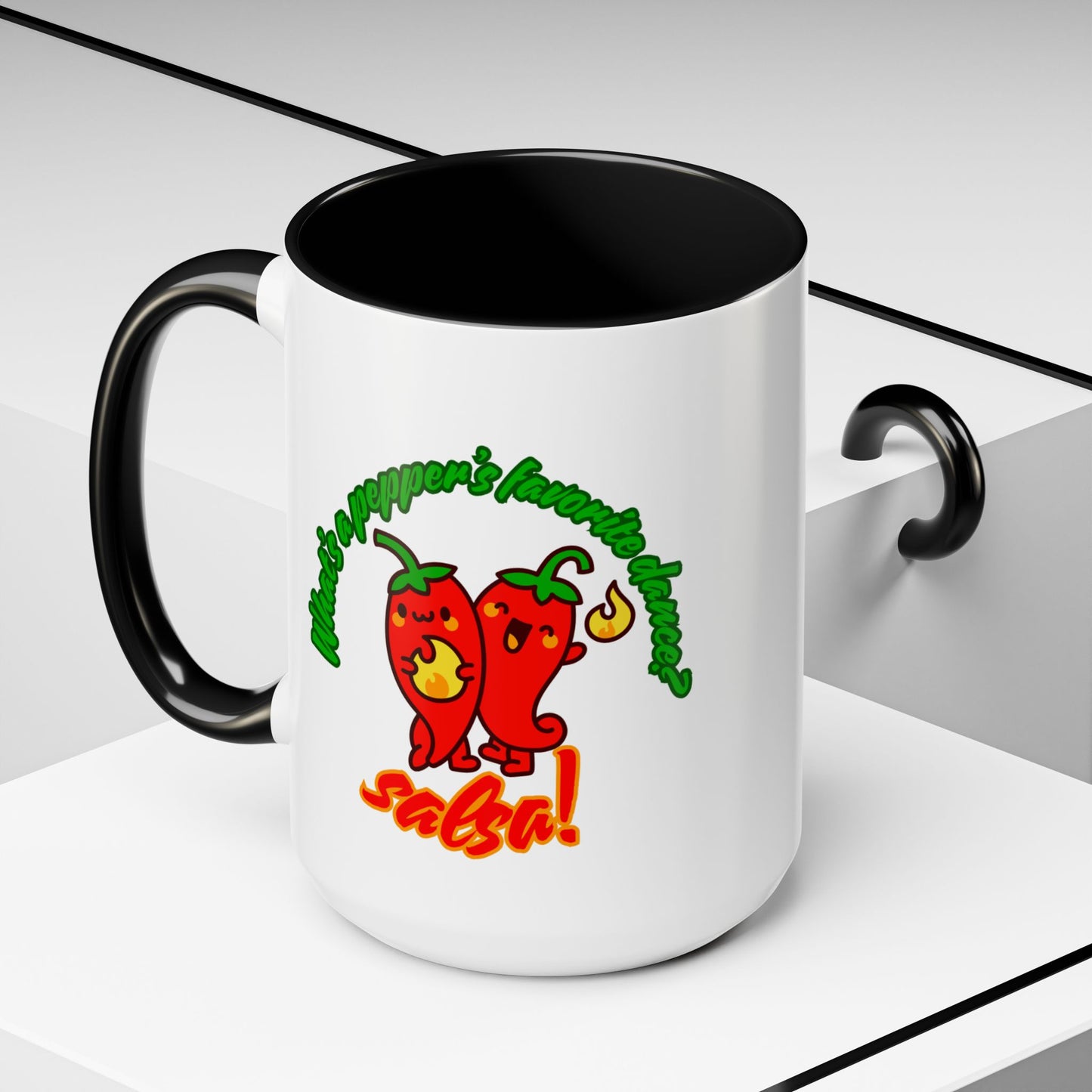 "What's a Pepper's Favorite Dance? Salsa." Accent Coffee Mug – Funny Dance Pun Ceramic Mug for Dancers and Food Lovers