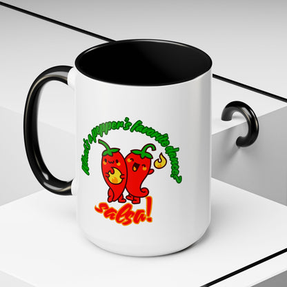 "What's a Pepper's Favorite Dance? Salsa." Accent Coffee Mug – Funny Dance Pun Ceramic Mug for Dancers and Food Lovers
