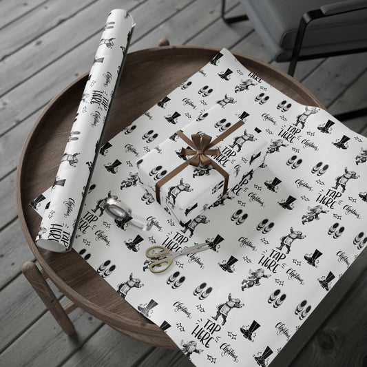 “Tap Here” Christmas Wrapping Paper – Fun Black & White Holiday Gift Wrap with Tap Shoes & Santa Design, Perfect for Tap Dancers & Dance Studios