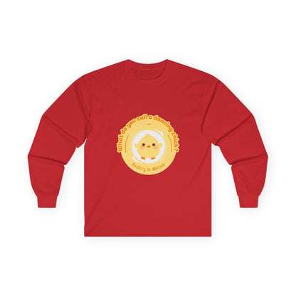 "What Do You Call a Dancing Chick? Poultry in Motion." Unisex Long Sleeve Tee – Funny Dance Pun Shirt with Cute Chicken Graphic for Dancers & Humor Lovers