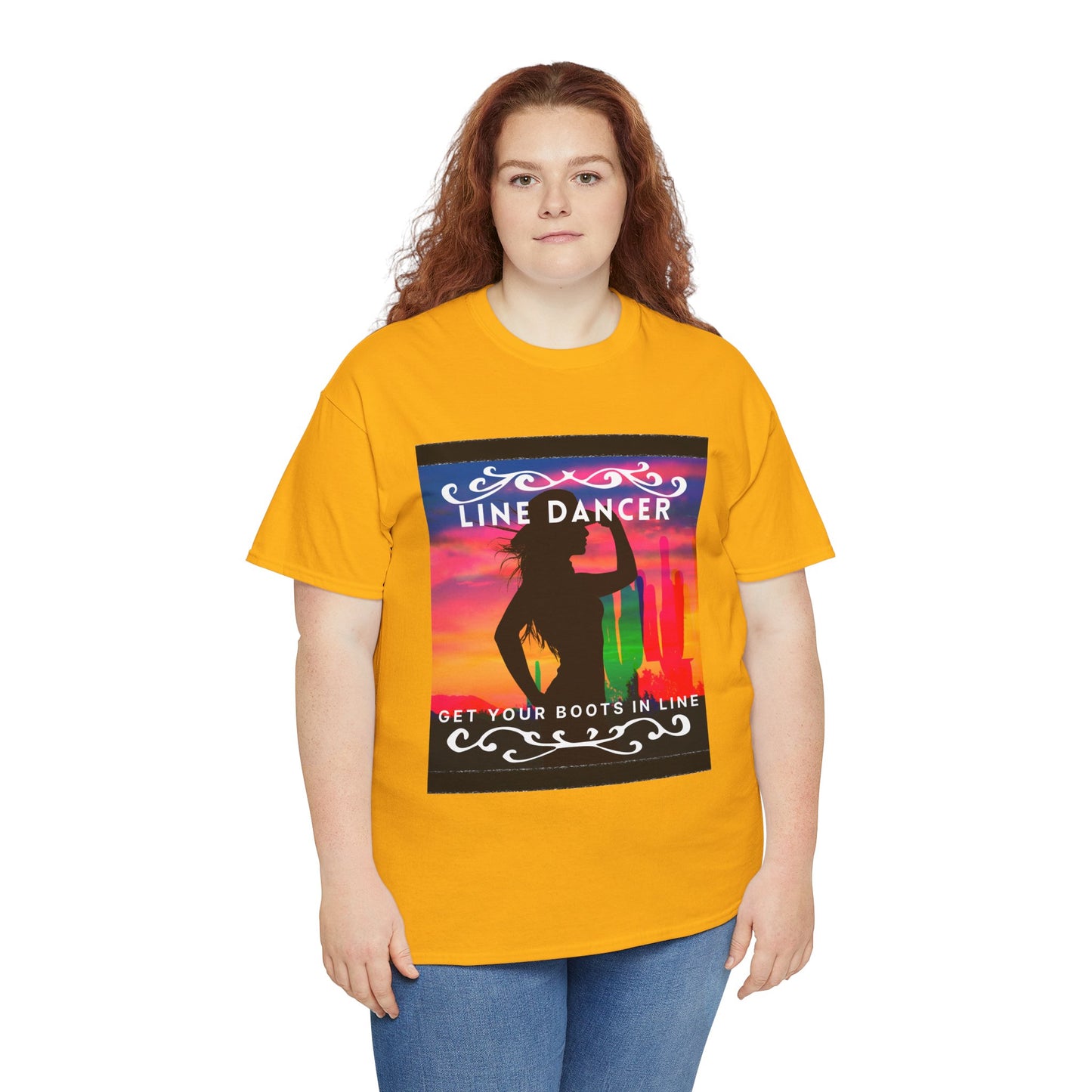 "Line Dancer" Unisex Heavy Cotton T-Shirt – Western Country Dance Graphic Tee – 'Get Your Boots in Line' Cowboy-Inspired Shirt