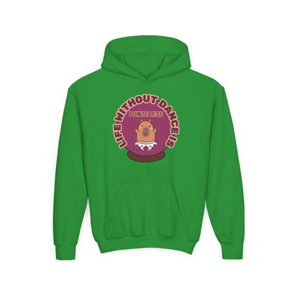 "Life Without Dance Is Pointeless" Youth Hooded Sweatshirt – Cute Dancing Capybara Graphic Hoodie for Kids and Teens