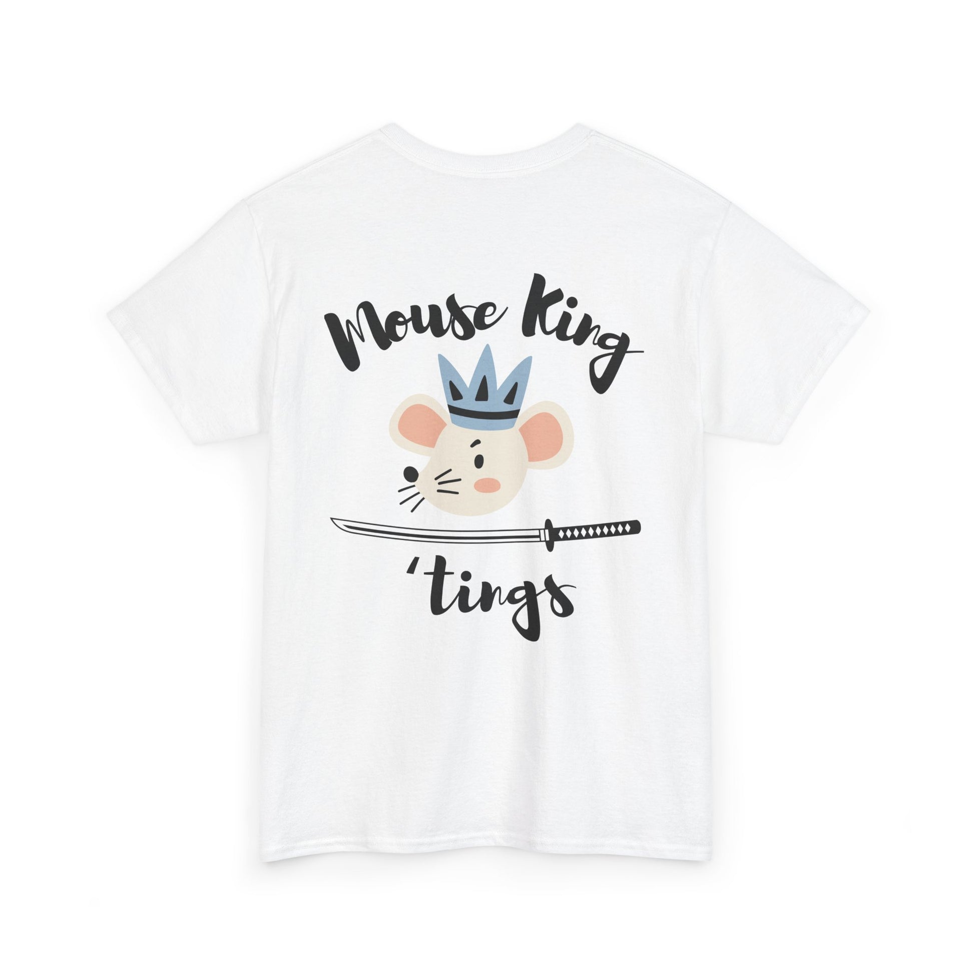 White t-shirt with a cartoon mouse wearing a crown and sword, and text 'Mouse King' and 'tings'.