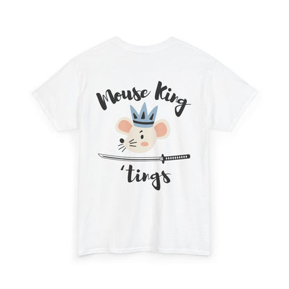 White t-shirt with a cartoon mouse wearing a crown and sword, and text 'Mouse King' and 'tings'.