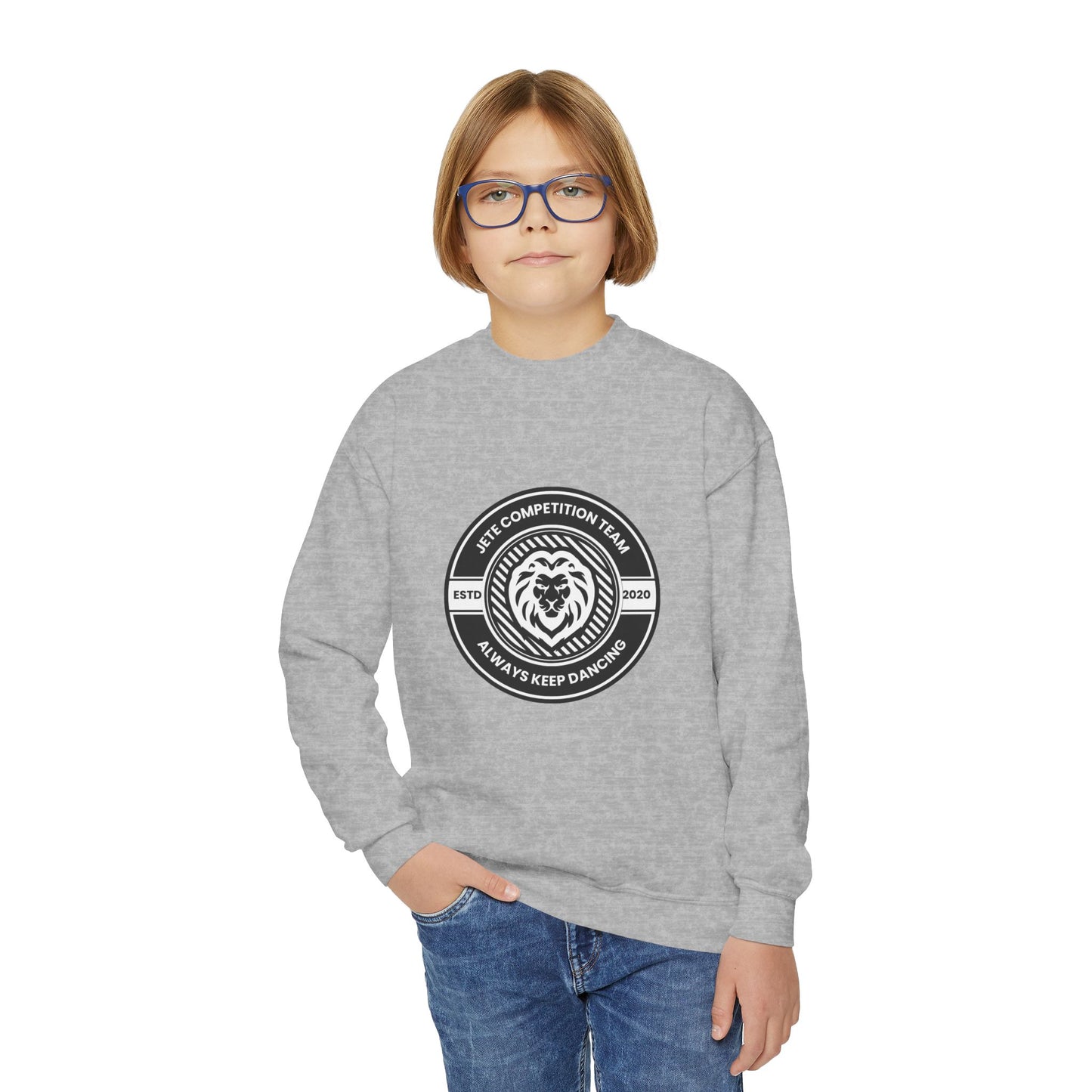 "Jeté Competition Team - Always Keep Dancing" Youth Crewneck Sweatshirt – Bold Collegiate-Inspired Dance Graphic Pullover for Kids and Teens