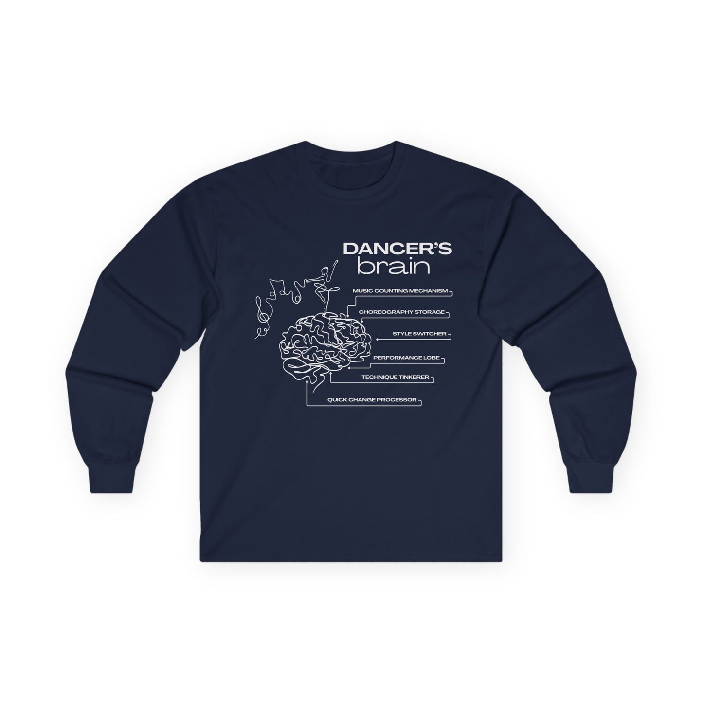 “Dancer’s Brain” Unisex Long Sleeve Tee – Funny Ballet & Dance Graphic Shirt with Labeled Brain Design + Optional Name or Studio Personalization