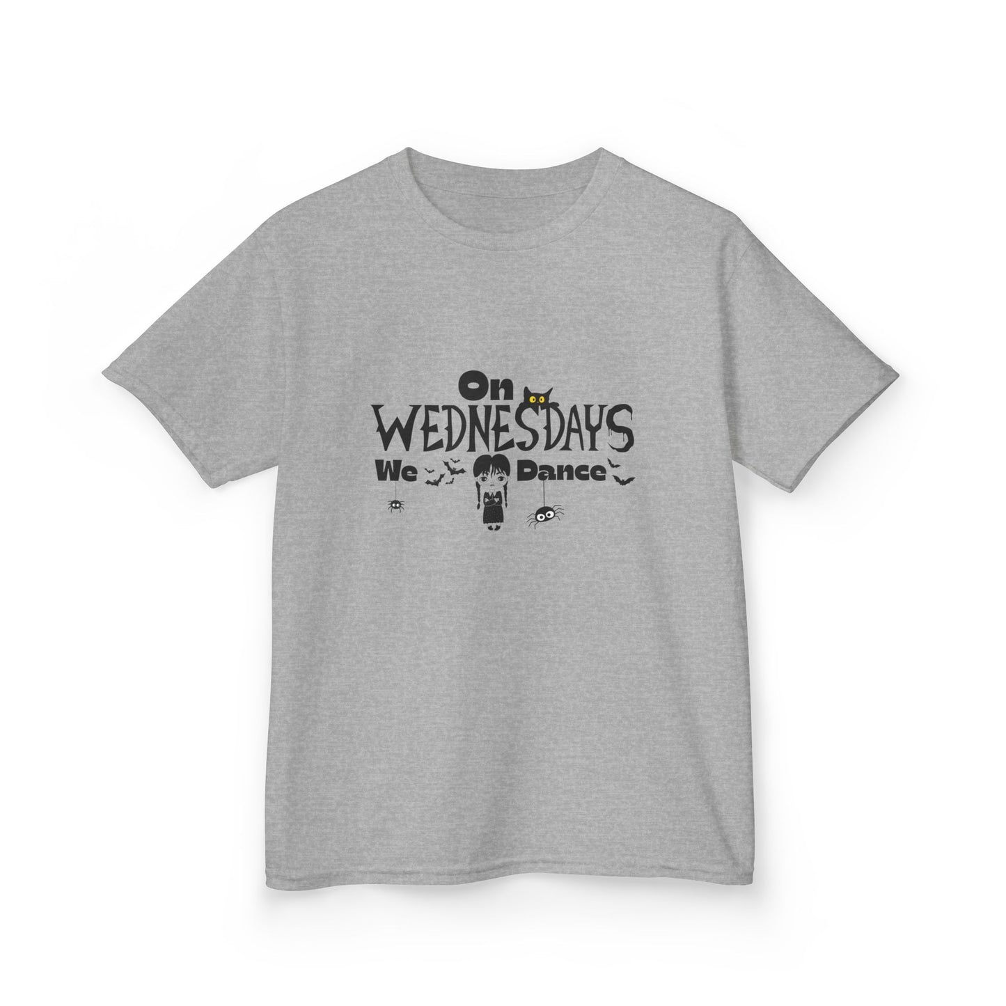 “On Wednesdays We Dance” Gothic Halloween T-Shirt with Cute Girl, Black Cat, Spiders & Bats - Kids Heavy Cotton™ Tee
