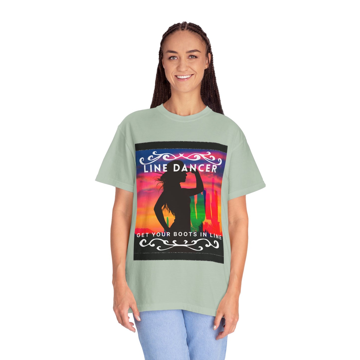 "Line Dancer" Unisex Garment-Dyed T-Shirt – Western Country Dance Graphic Tee – 'Get Your Boots in Line' Cowboy-Inspired Shirt