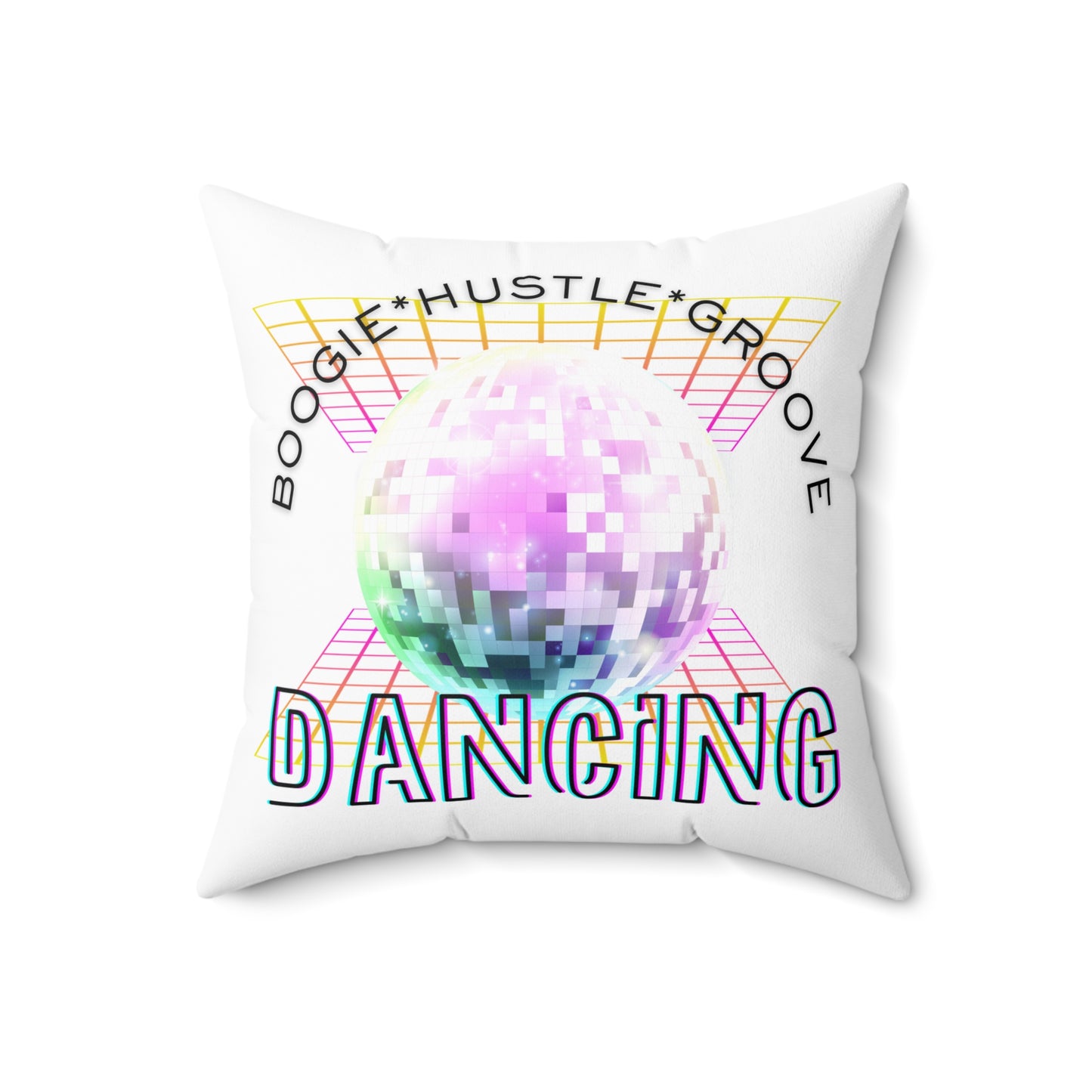 "Boogie Hustle Groove Dancing" Pillow – Retro 70s Disco Dance Square Throw Pillow with Funky Graphic