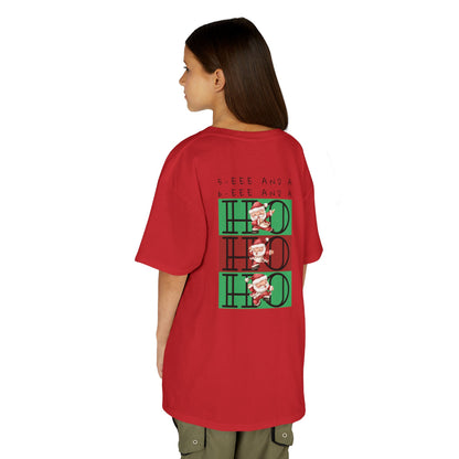 “5-eee and a 6-eee and a Ho, Ho, Ho” YOUTH Short Sleeve Tee with Playful Dancing Santa Front & Back – Festive Christmas Dance Tee for Dancers & Studios