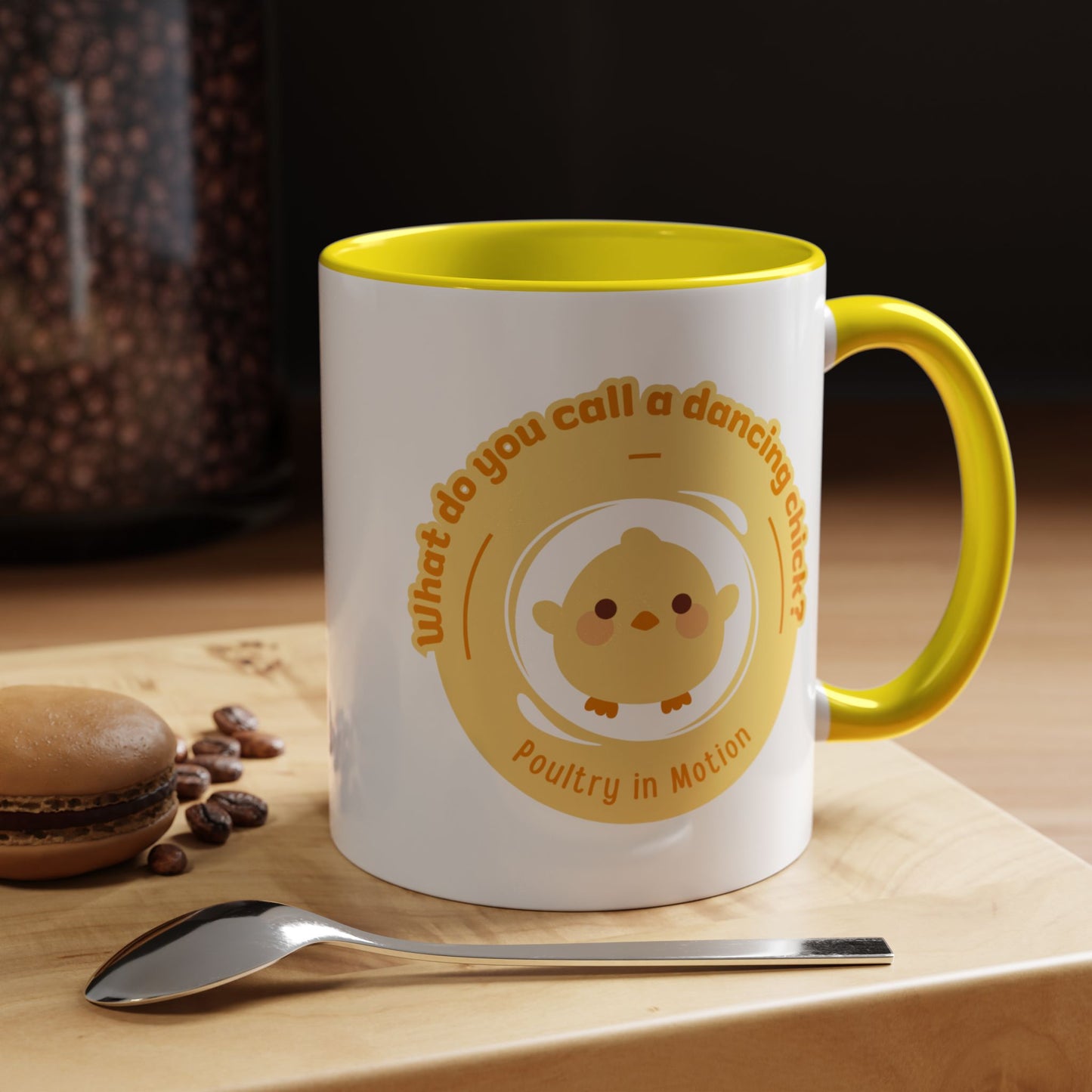 "What Do You Call a Dancing Chick? Poultry in Motion" Accent Coffee Mug – Funny Dance Pun Ceramic Mug for Dancers and Chick Enthusiasts