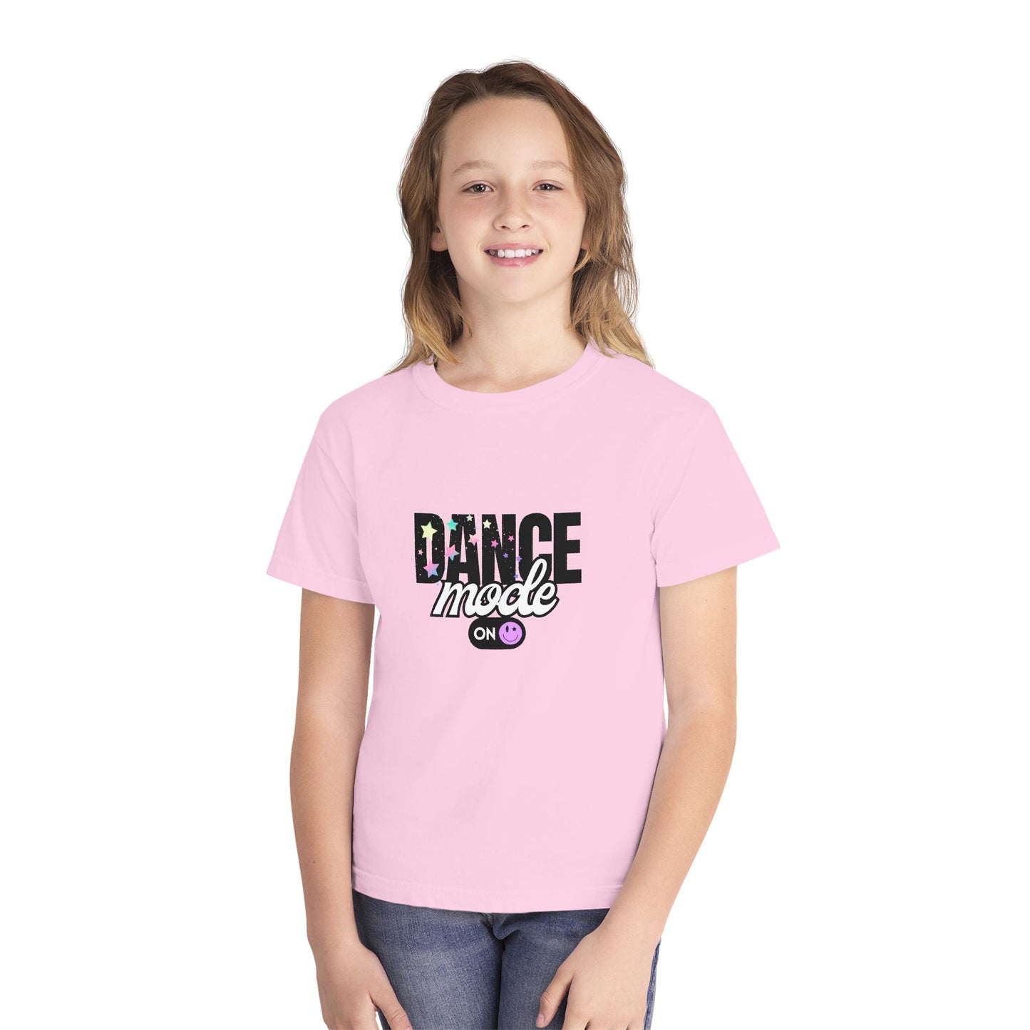 “Dance Mode On" Comfort Colors Youth Midweight  T-Shirt – Pastel Stars & Smiley Face Dance Graphic Tee for Kids