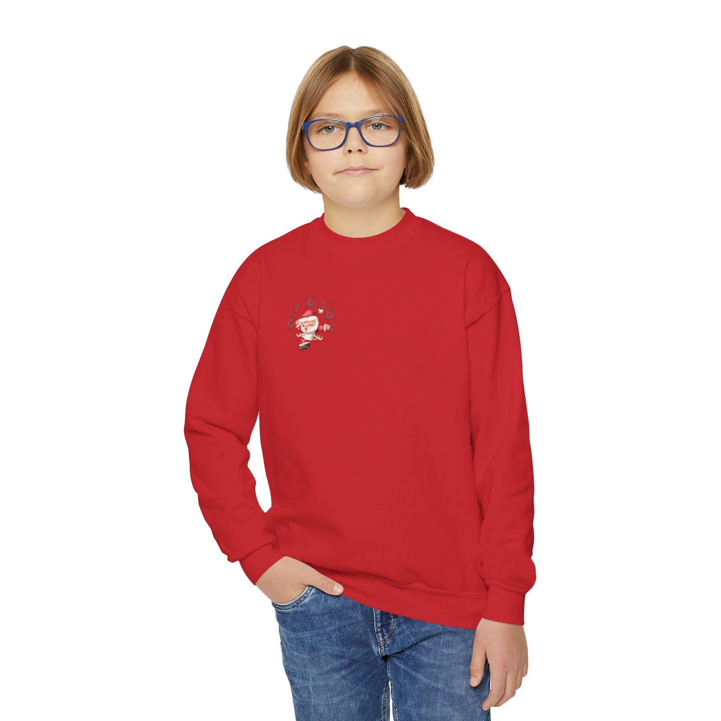 “5-eee and a 6-eee and a Ho, Ho, Ho” YOUTH SWEATSHIRT Crewneck with Playful Dancing Santa Front & Back – Festive Christmas Dance Sweatshirt for Dancers & Studios
