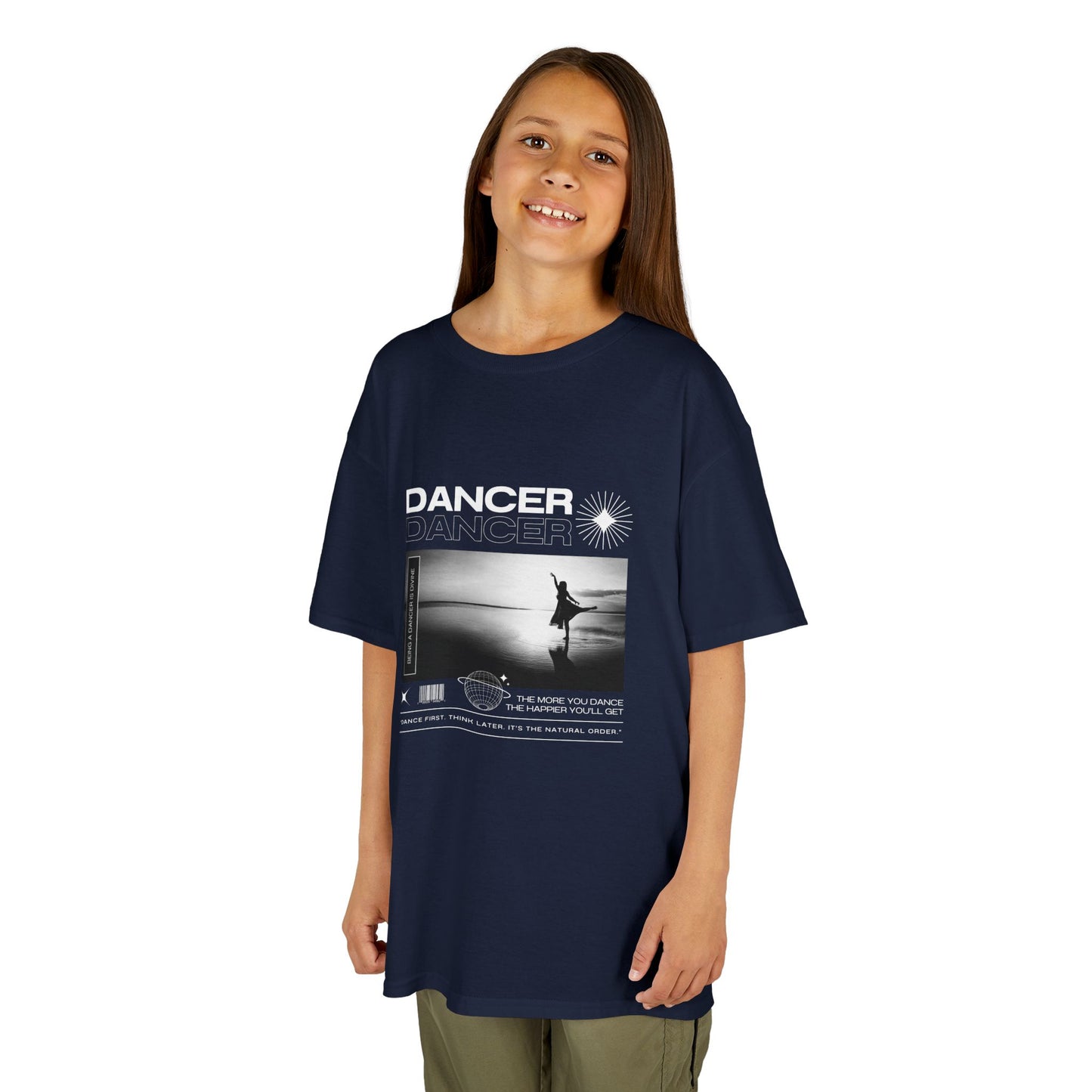 "Dancer" Arabesque on the Beach – Youth Short Sleeve Dance Tee in Streetwear-Inspired Style