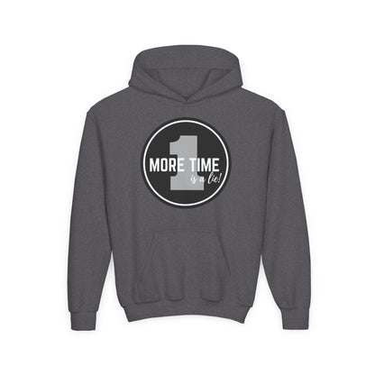 "One More Time Is a Lie" Youth Hooded Sweatshirt – Bold Dance Emblem Graphic Hoodie for Kids and Teens