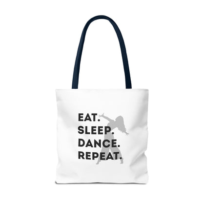 "Eat Sleep Dance Repeat" Canvas Tote Bag – Gray Dancer Silhouette Dance-Themed Reusable Shoulder Bag for Dancers, Studio, or Everyday Use