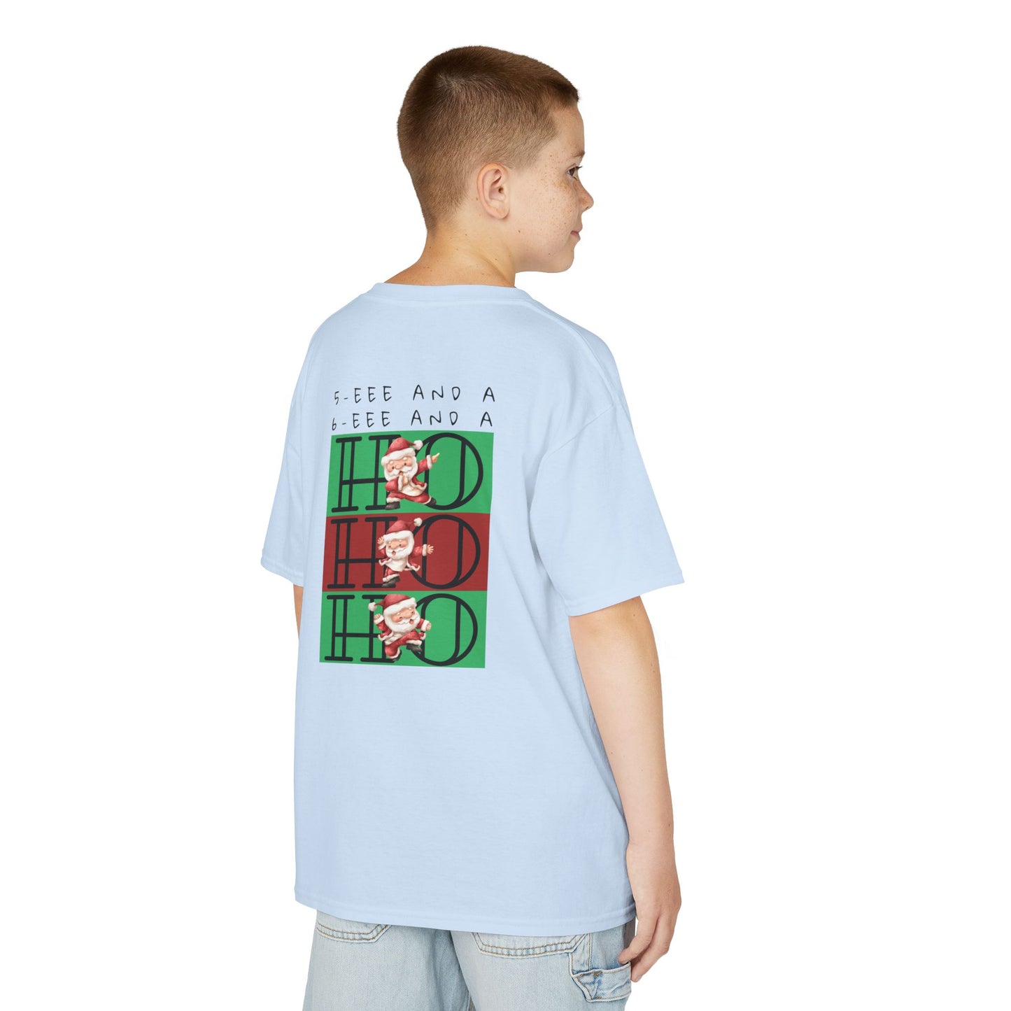 “5-eee and a 6-eee and a Ho, Ho, Ho” YOUTH Short Sleeve Tee with Playful Dancing Santa Front & Back – Festive Christmas Dance Tee for Dancers & Studios