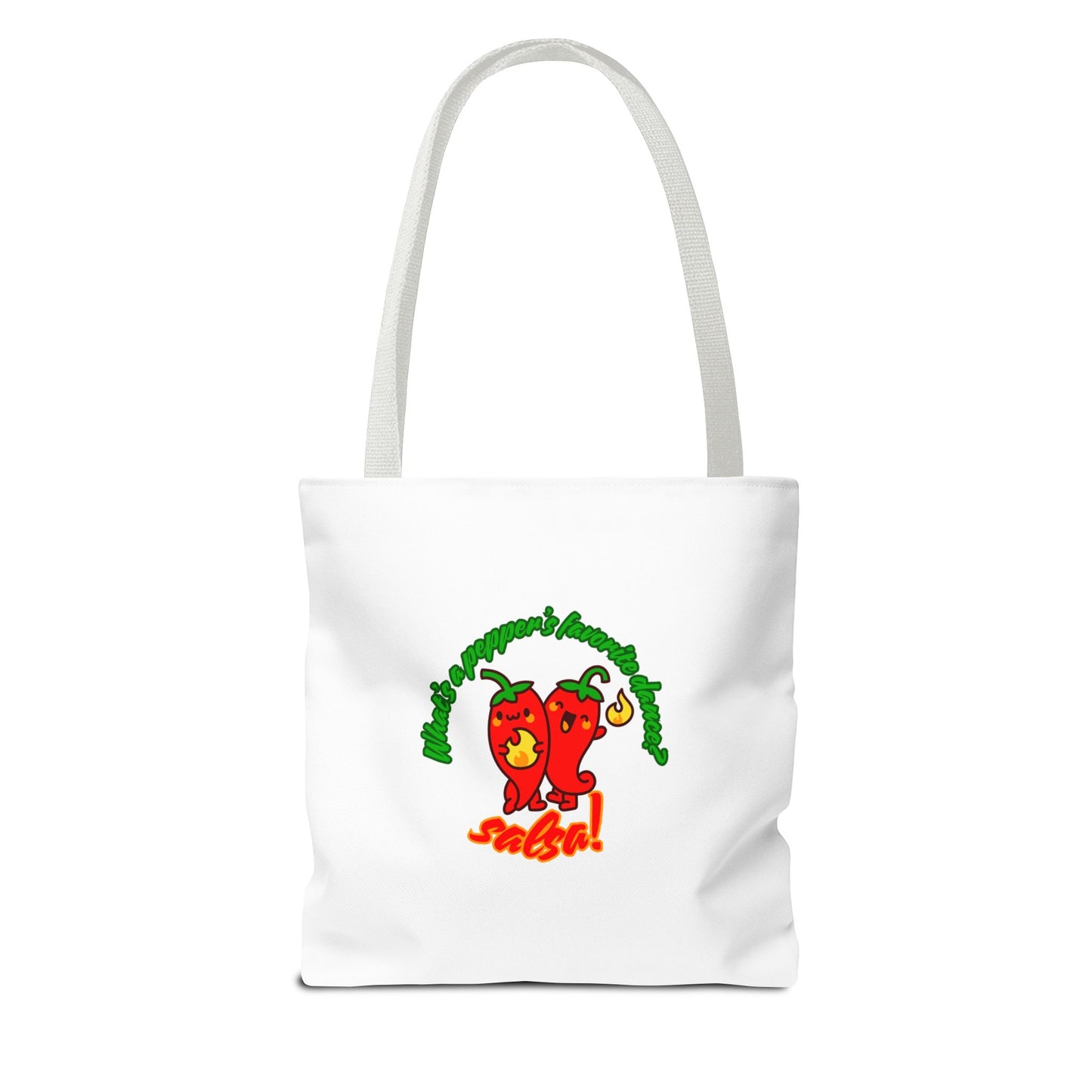 “What’s a Pepper’s Favorite Dance? Salsa!” Salsa Dance Pun Tote Bag – Funny Kawaii Pepper Graphic Canvas Bag for Dancers & Food Lovers