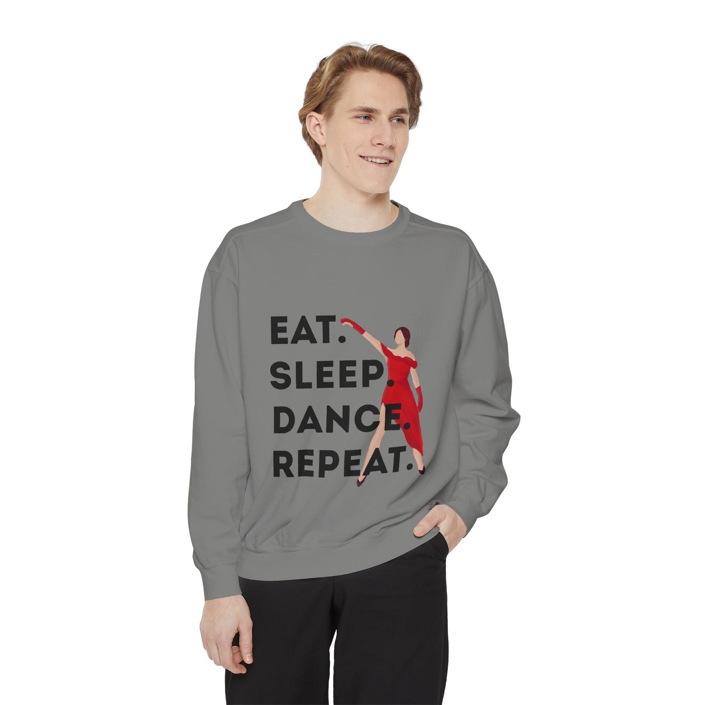 "Eat, Sleep, Dance, Repeat" Unisex Lightweight Crewneck Sweatshirt – Bold Dance Graphic Pullover for Dancers & Studio Life Enthusiasts
