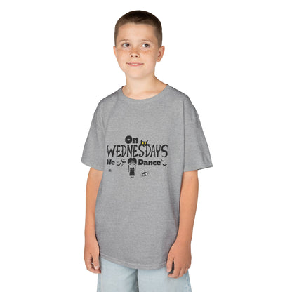 “On Wednesdays We Dance” Gothic Halloween T-Shirt with Cute Girl, Black Cat, Spiders & Bats - Kids Heavy Cotton™ Tee