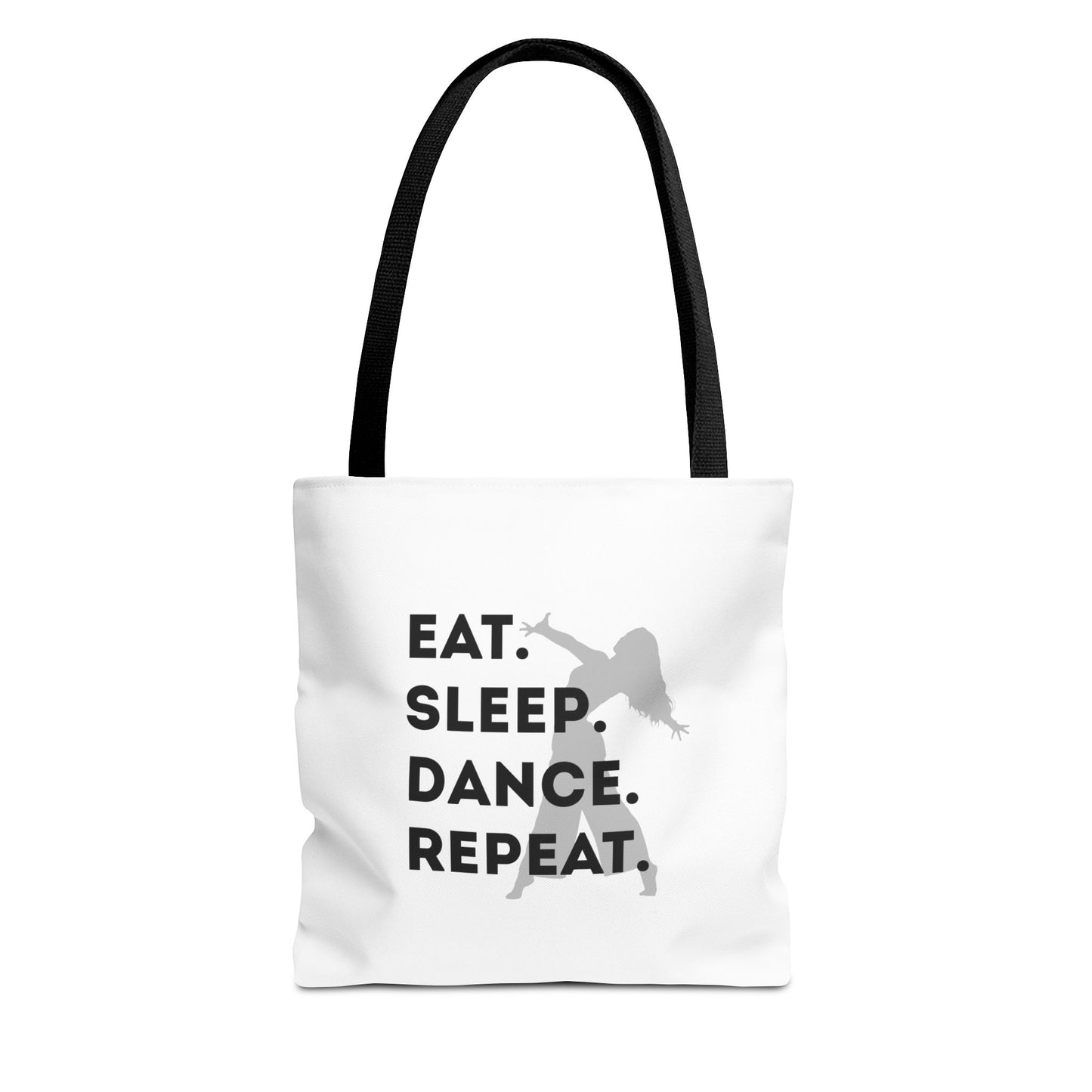 "Eat Sleep Dance Repeat" Canvas Tote Bag – Gray Dancer Silhouette Dance-Themed Reusable Shoulder Bag for Dancers, Studio, or Everyday Use