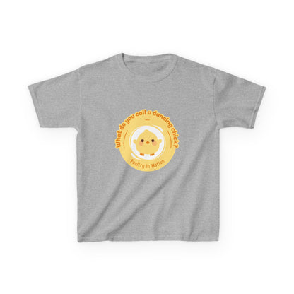 “What do you call a dancing chick? Poultry in Motion” Funny Chick Dance Tee for Kids – Cute Chicken Graphic - Youth Dance Pun T-Shirt