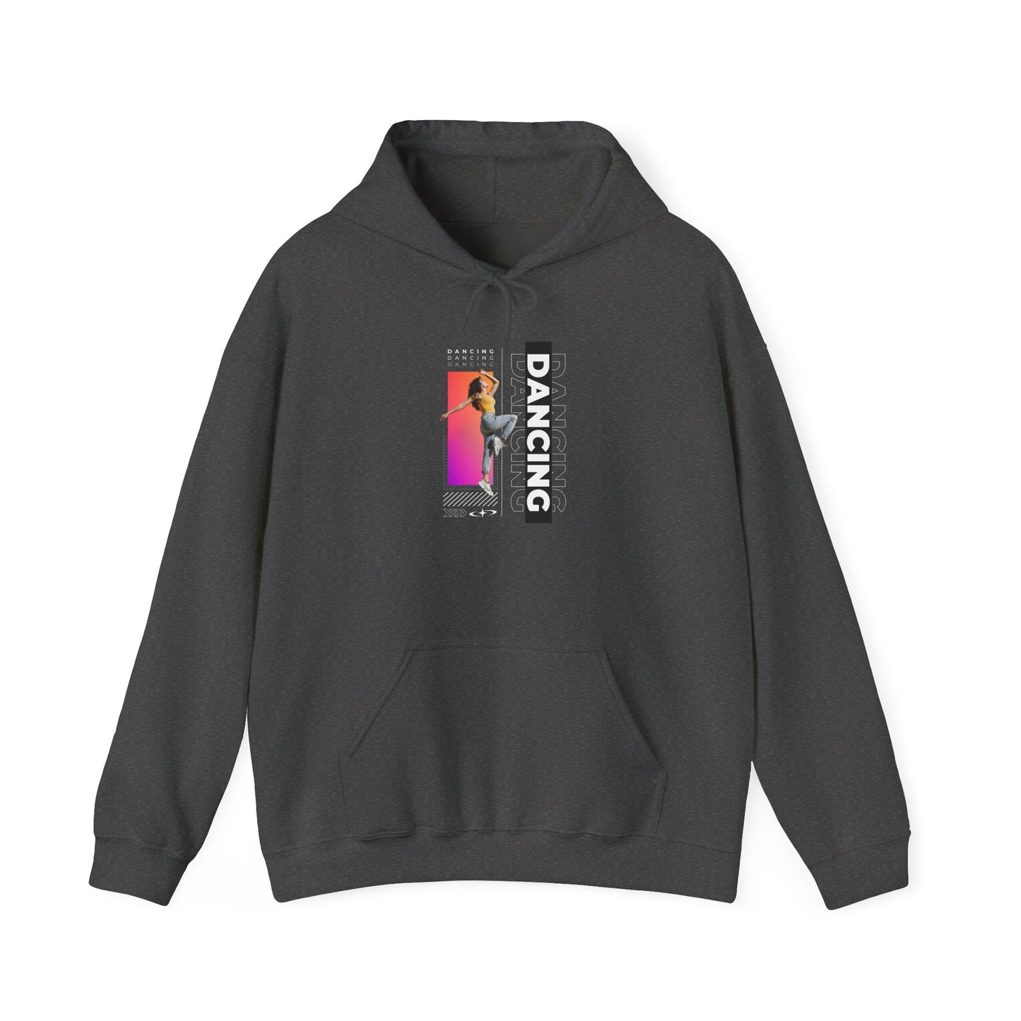 Dancing” Text with Streetwear-Style Female Dancer Graphic - Unisex Heavy Blend™ Hooded Sweatshirt – Cozy Dance Hoodie for Ballet & Hip-Hop Enthusiasts