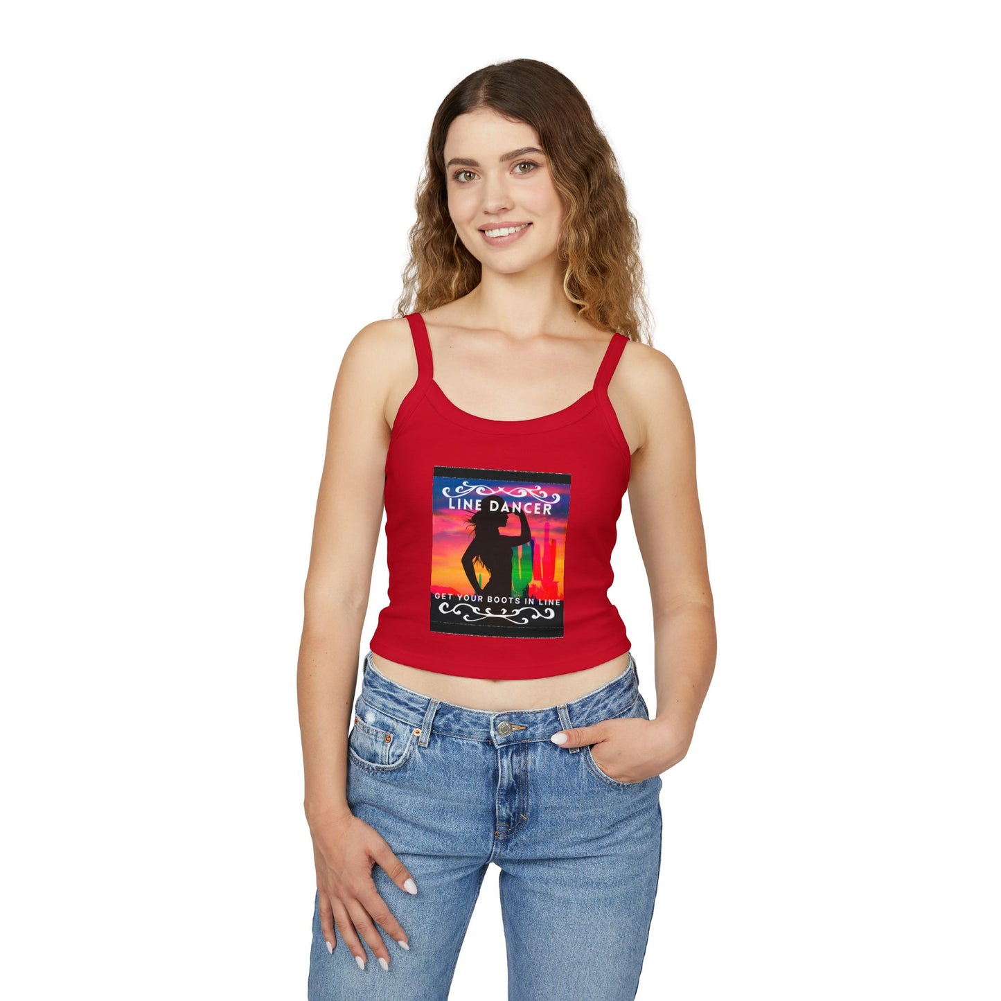 "Line Dancer" Spaghetti Strap Tank Top – Western-Inspired Country Dance Graphic – 'Get Your Boots in Line' Women's Dance Tank