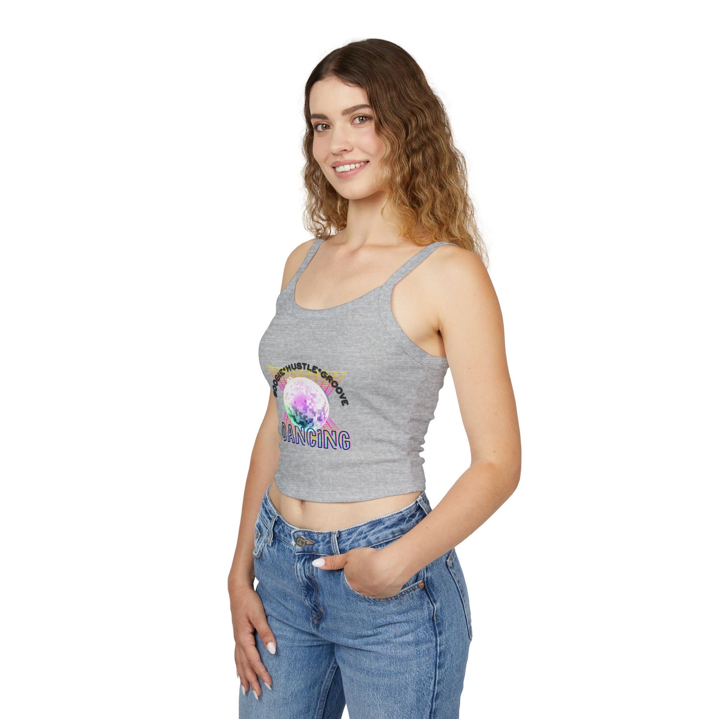 "Boogie, Hustle, Groove – Dancing" Women’s Spaghetti Strap Tank Top – Bold Retro Graphic | Fun 70s-Inspired Dancewear for Studio & Everyday Style