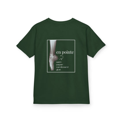 “I Dance En Pointe” Youth Short Sleeve Tee with X-Ray Ballet Foot Graphic – Personalized Dance T-Shirt for Kids, Custom Name or Studio Option